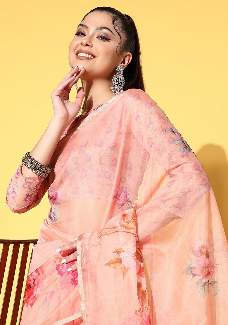 Peach Block Print Organza Saree Set