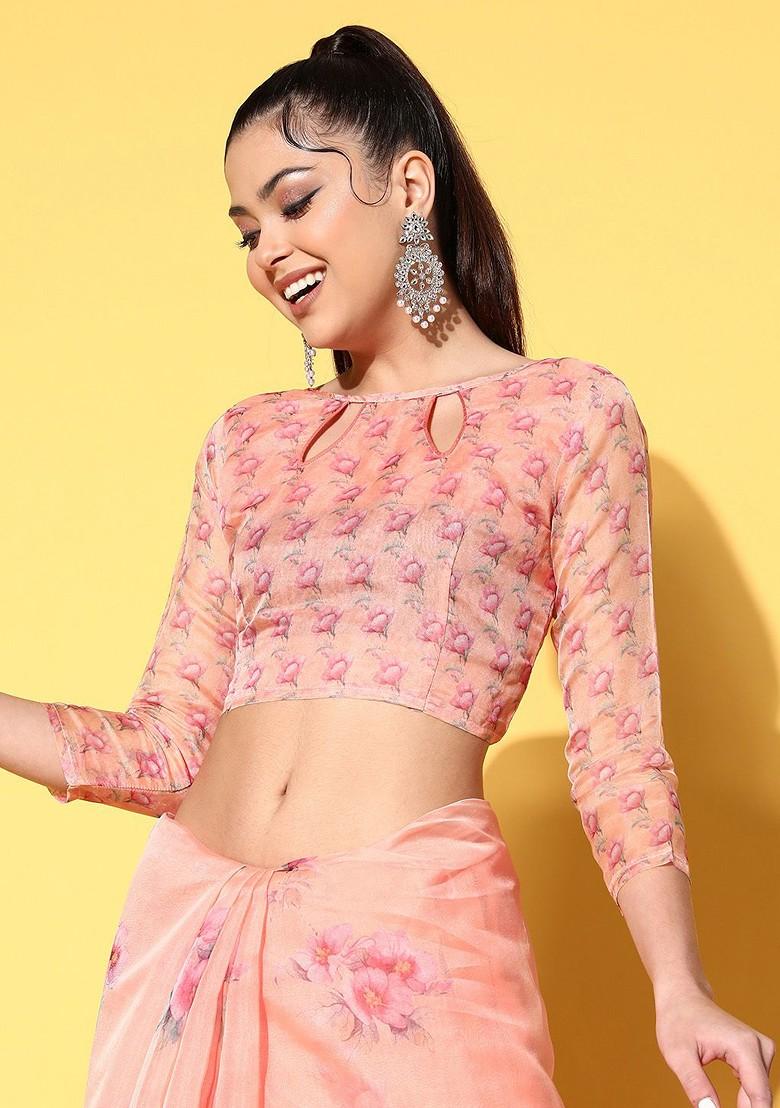 Peach Block Print Organza Saree Set