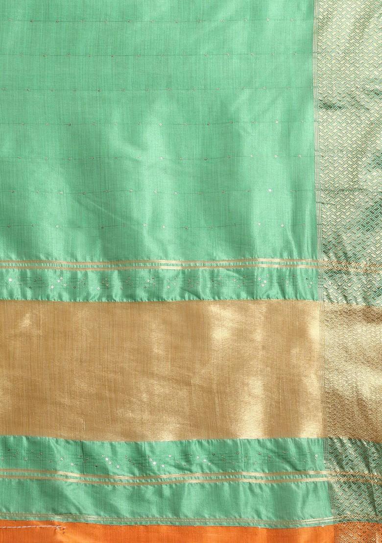 Turquoise Blue Sequin Embellished Silk Saree Set