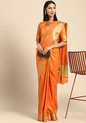 Orange Sequin Embellished Silk Saree Set