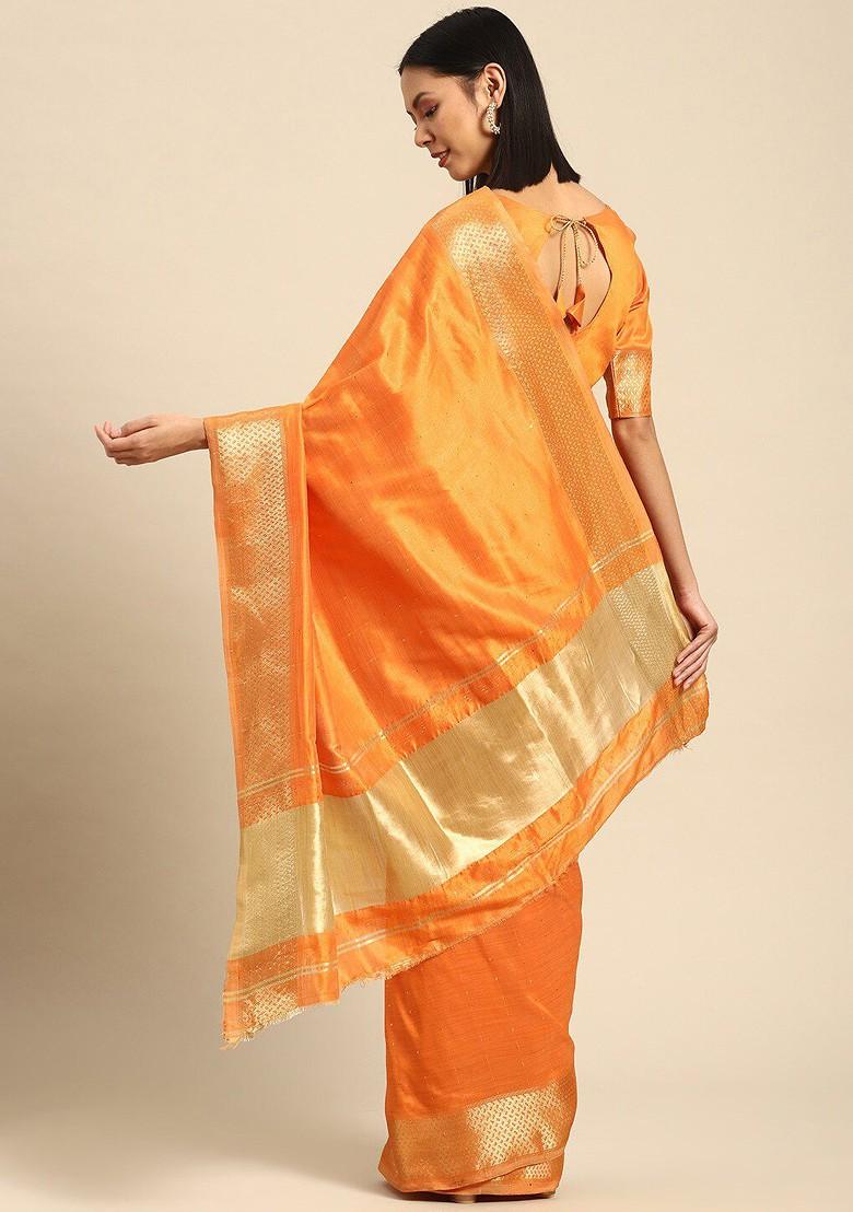 Orange Sequin Embellished Silk Saree Set