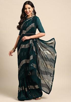 Teal Sequin Embroidered Georgette Saree Set