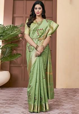 Green Zari Embroidered Poly Blend Saree Set