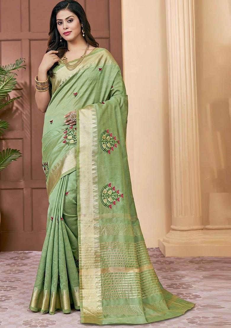 Green Zari Embroidered Poly Blend Saree Set