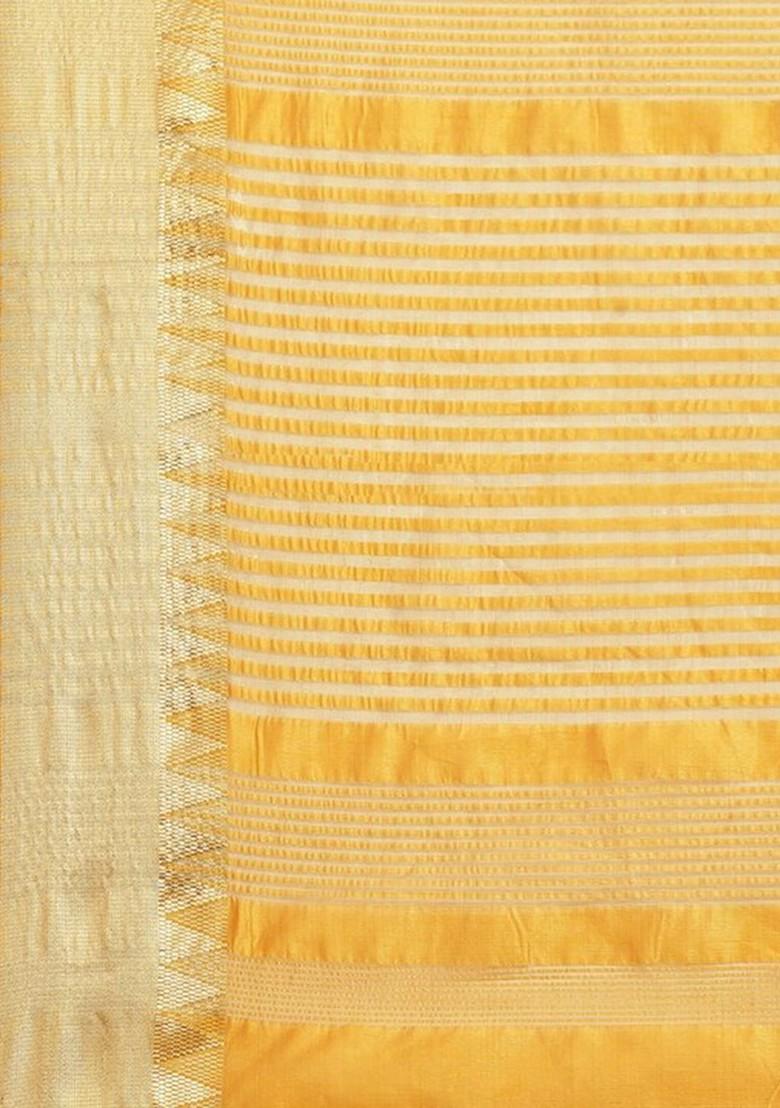 Yellow Zari Embroidered Poly Blend Saree Set