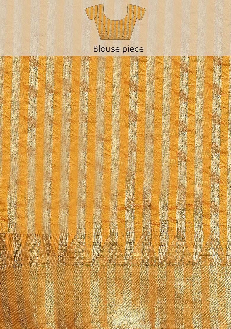 Yellow Zari Embroidered Poly Blend Saree Set