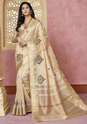 Cream Zari Embroidered Poly Blend Saree Set