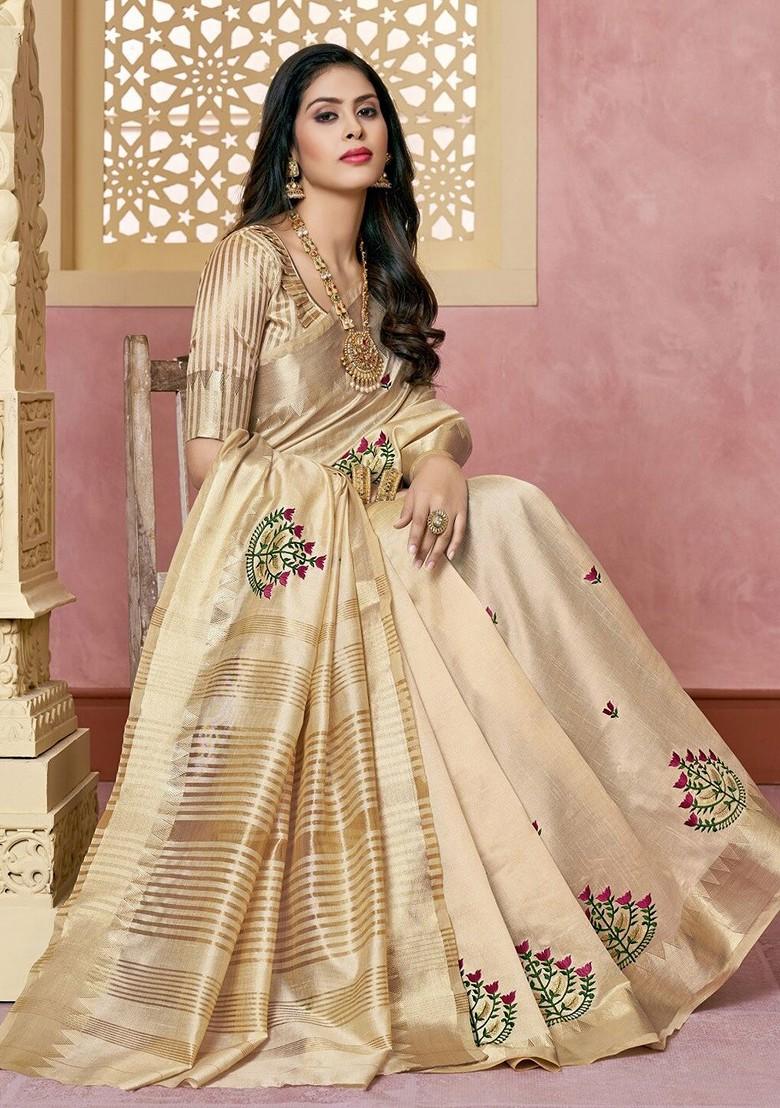 Cream Zari Embroidered Poly Blend Saree Set