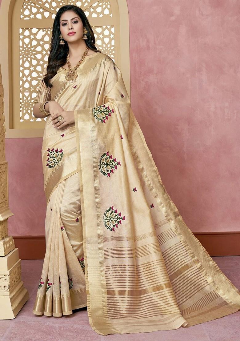 Cream Zari Embroidered Poly Blend Saree Set