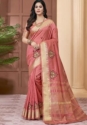 Peach Floral Embroidered Silk Saree Set