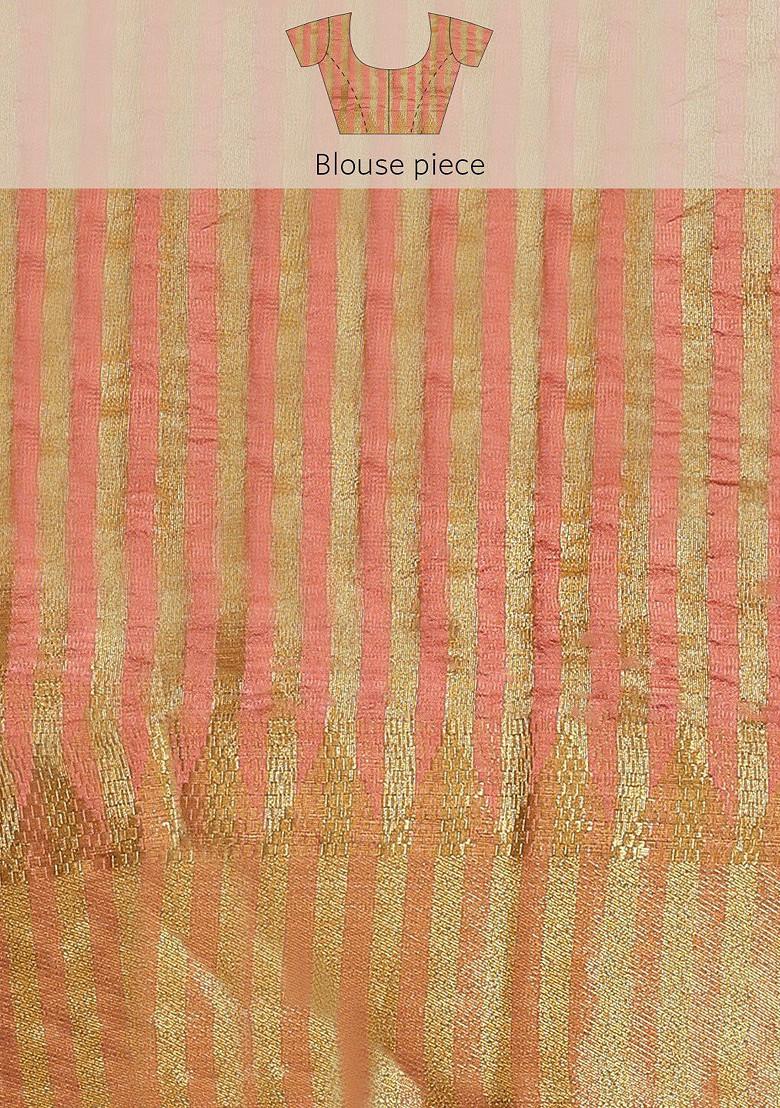 Peach Floral Embroidered Silk Saree Set