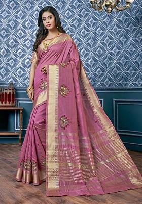 Purple Floral Embroidered Poly Blend Saree Set