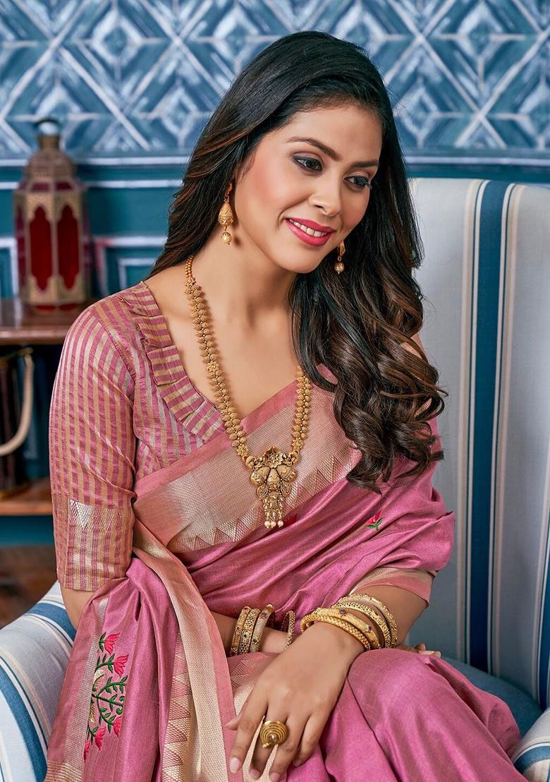 Purple Floral Embroidered Poly Blend Saree Set