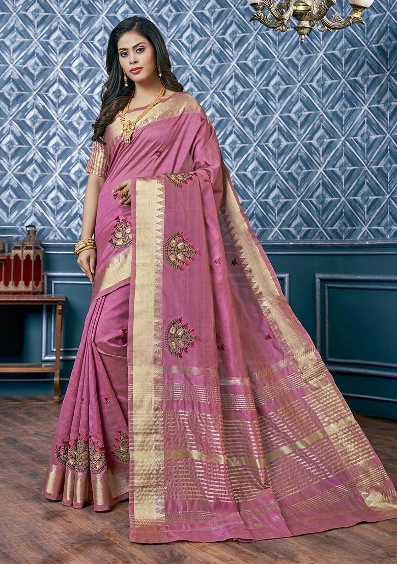 Purple Floral Embroidered Poly Blend Saree Set