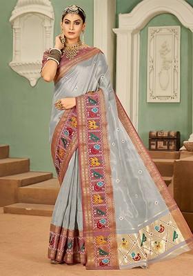 Grey Ethnic Motifs Embroidery Poly Blend Saree Set