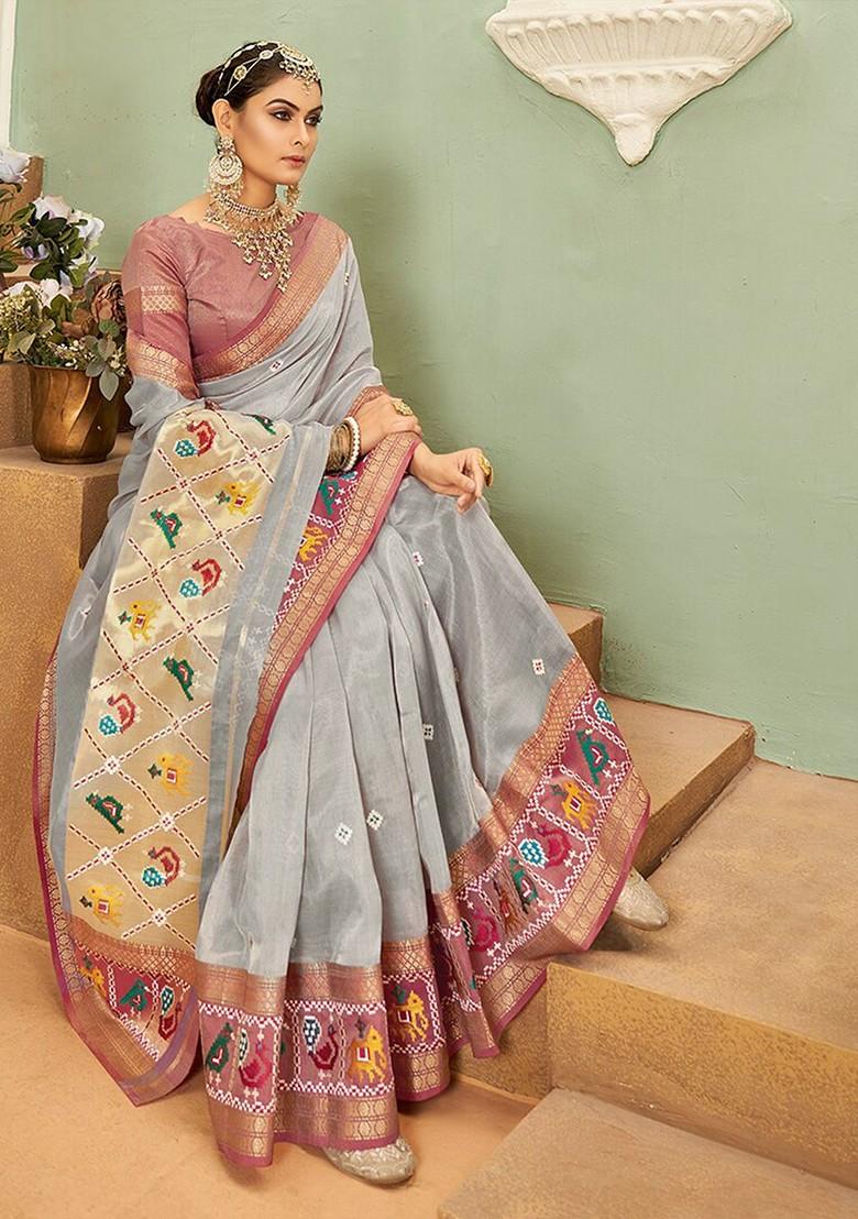 Grey Ethnic Motifs Embroidery Poly Blend Saree Set