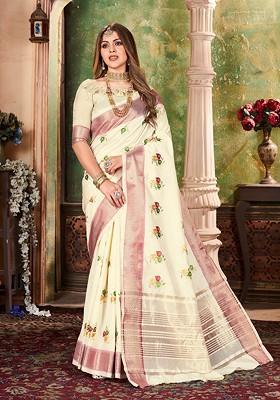 White Ethnic Motifs Embroidery Silk Saree Set