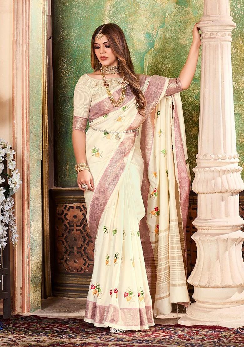 White Ethnic Motifs Embroidery Silk Saree Set