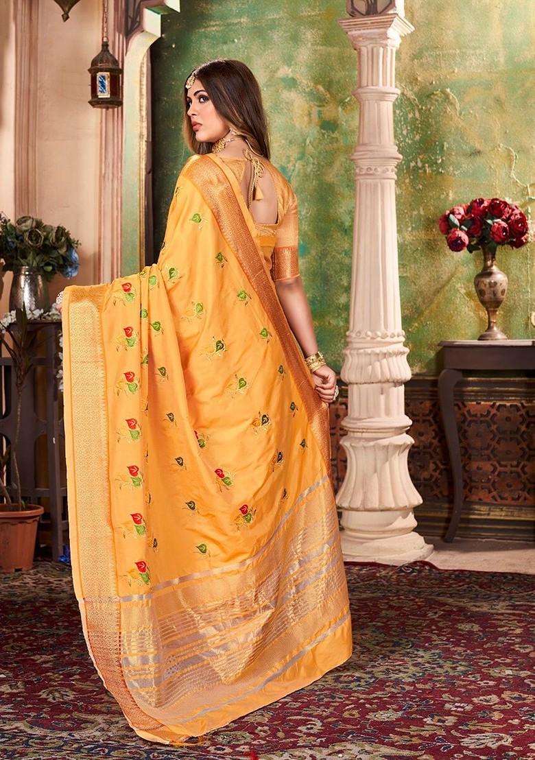 Mustard Ethnic Motifs Embroidery Poly Blend Saree Set