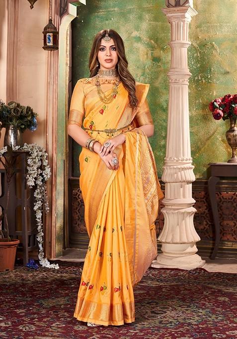 Mustard Ethnic Motifs Printed Silk Blend Saree With Unstitched Blouse Piece