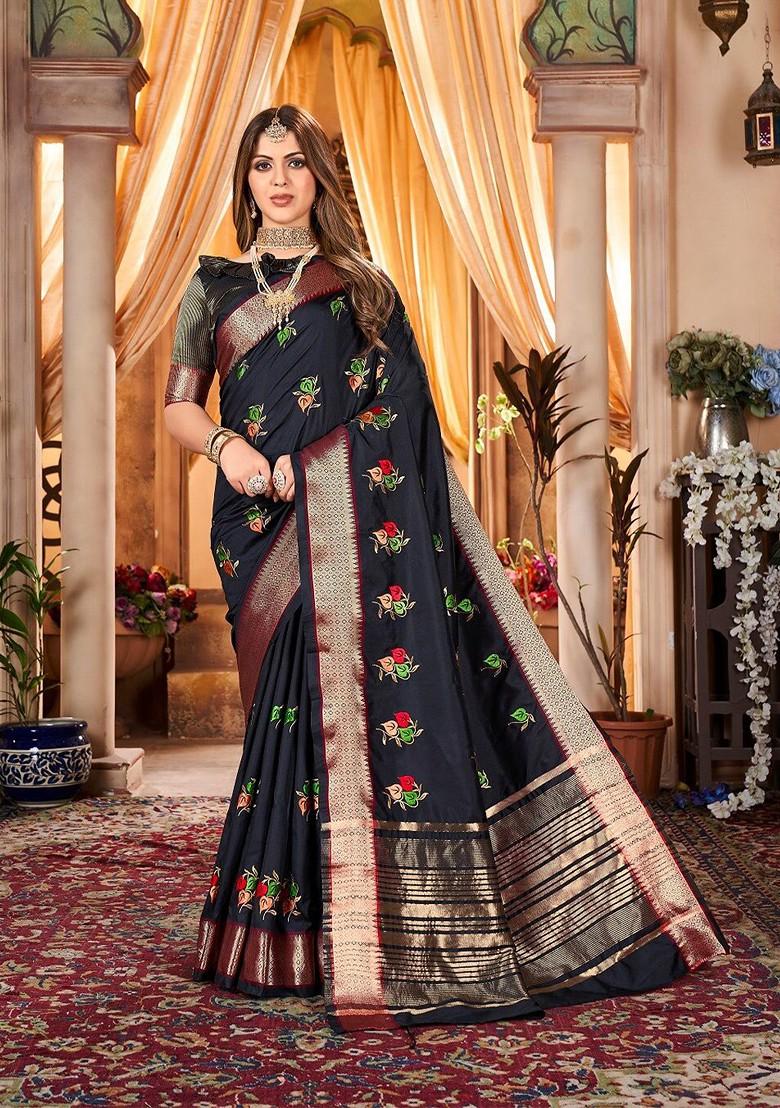 Black Ethnic Motifs Embroidery Poly Blend Saree Set