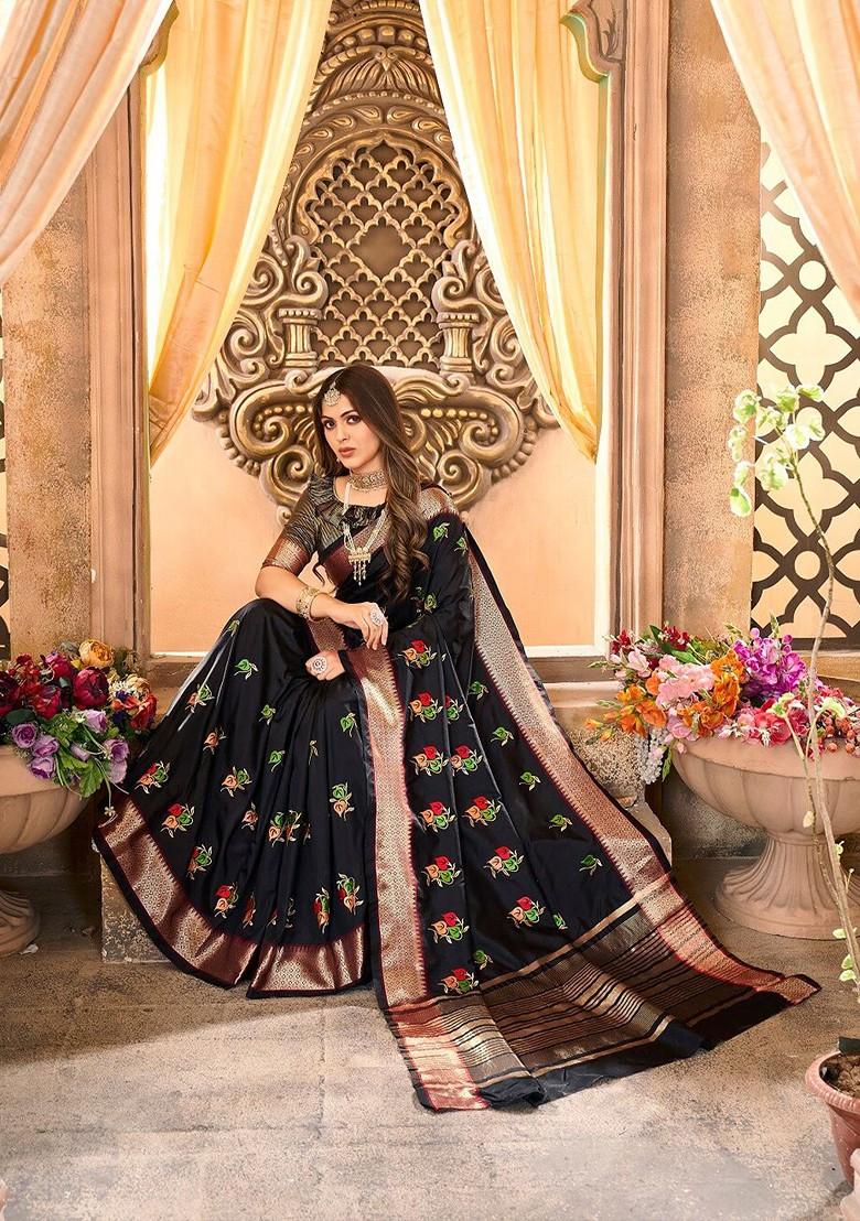 Black Ethnic Motifs Embroidery Poly Blend Saree Set