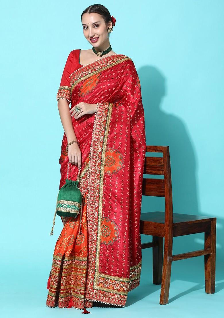 Coral Zari Embroidered Silk Saree Set