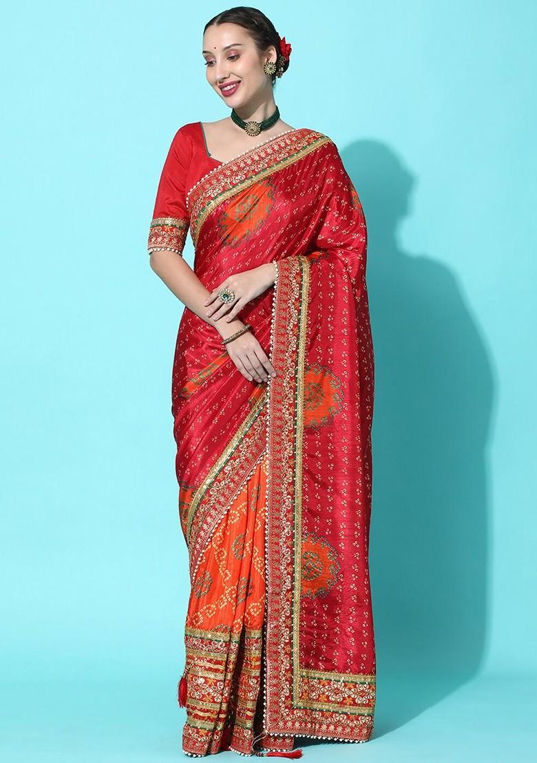 Coral Zari Embroidered Silk Saree Set
