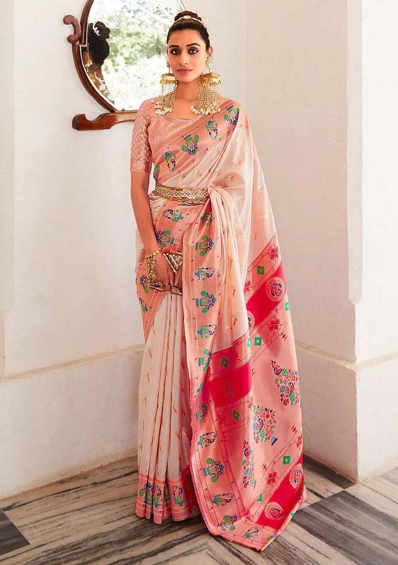 Peach Zari Embroidered Banarasi Silk Saree Set