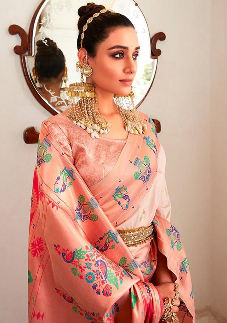 Peach Zari Embroidered Banarasi Silk Saree Set