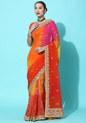 Orange Zari Embroidered Georgette Saree Set