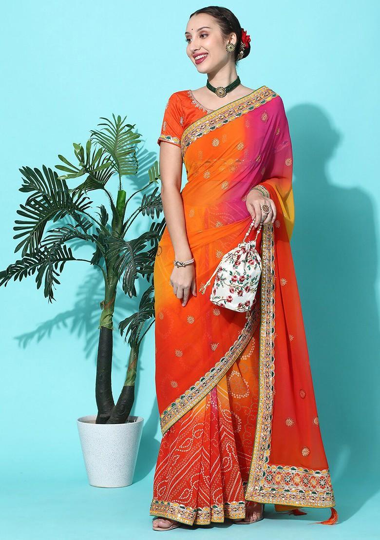 Orange Zari Embroidered Georgette Saree Set