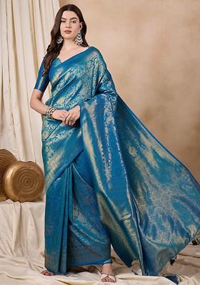 Blue Zari Embroidered Silk Saree Set