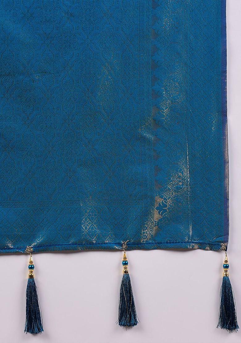 Blue Zari Embroidered Silk Saree Set