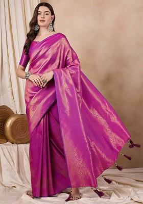 Magenta Zari Embroidered Silk Saree Set