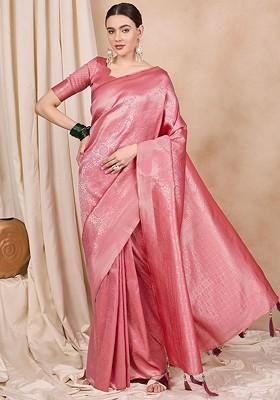 Pink Zari Embroidered Silk Saree Set