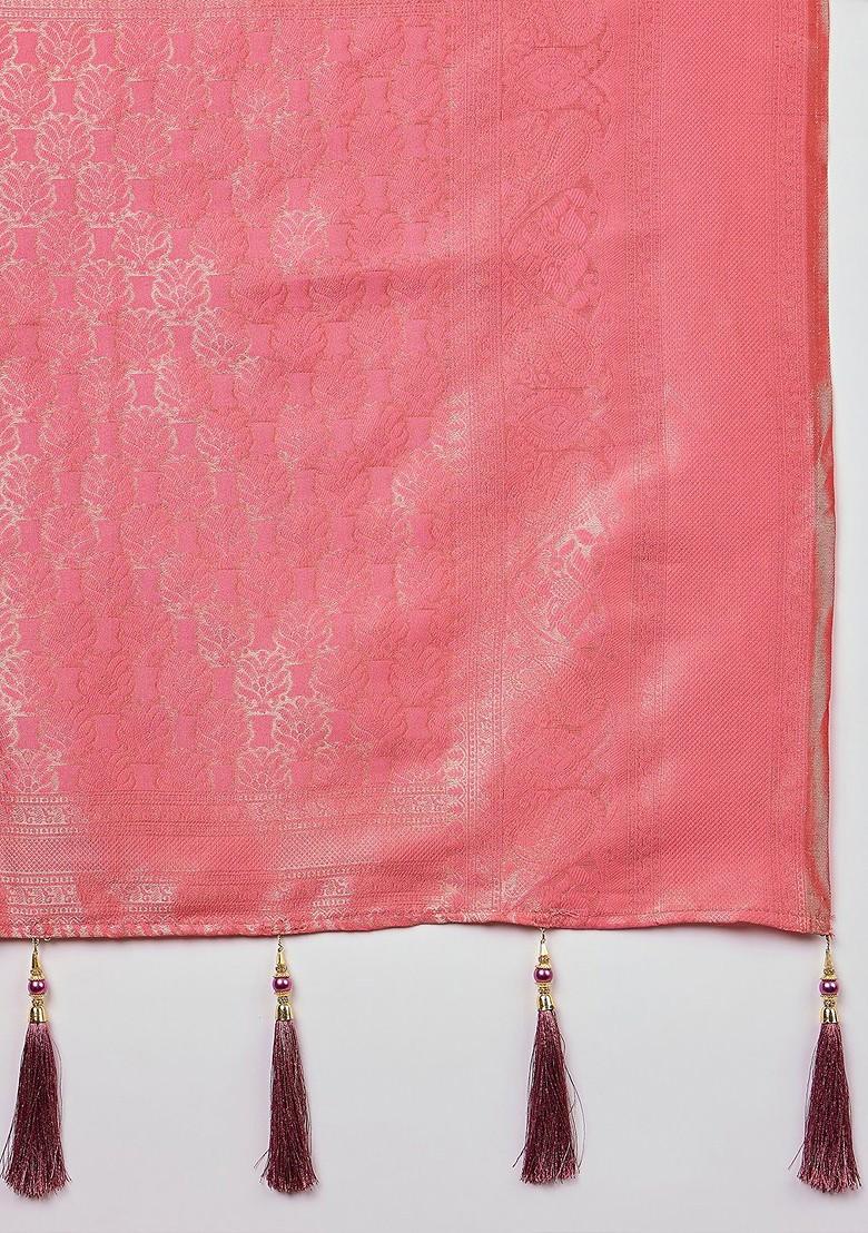 Pink Zari Embroidered Silk Saree Set