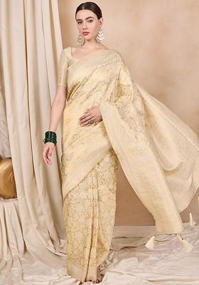 Cream Zari Embroidered Silk Saree Set