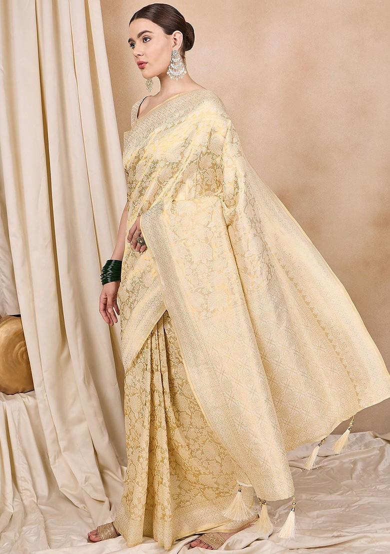 Cream Zari Embroidered Silk Saree Set