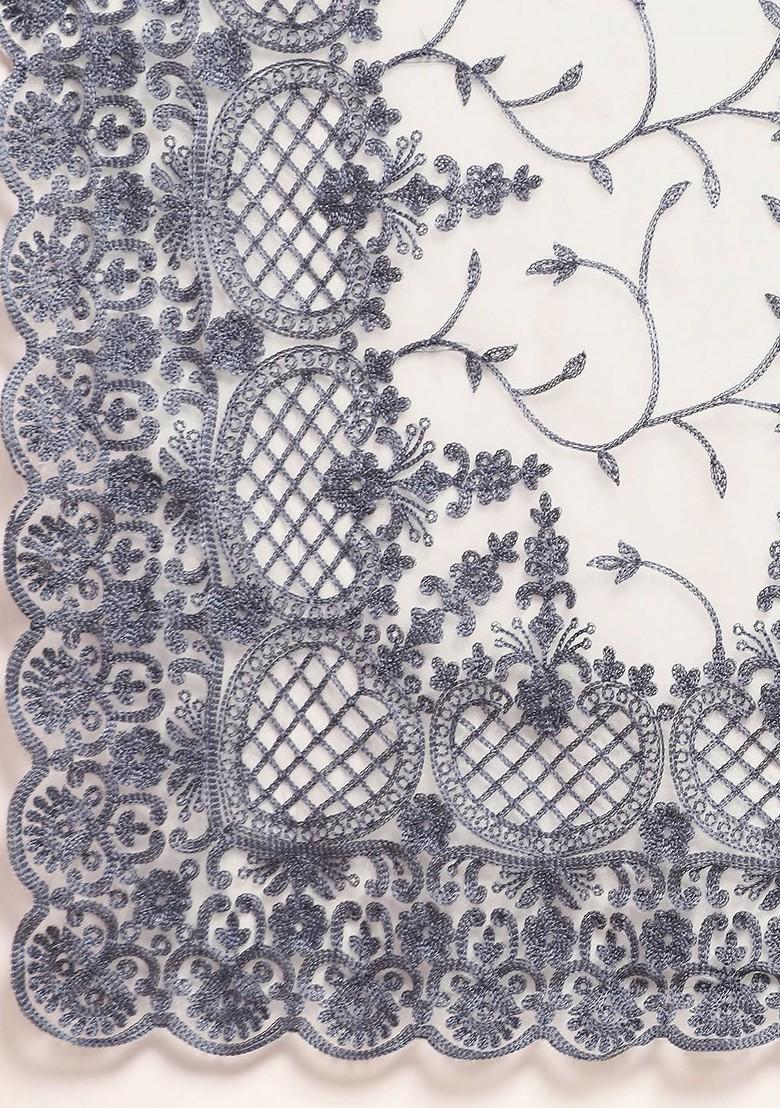 Grey Floral Embroidered Organza Saree Set