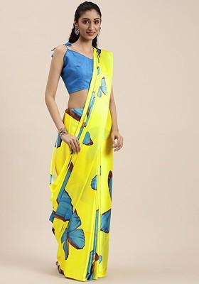Yellow Solid Satin Saree Set