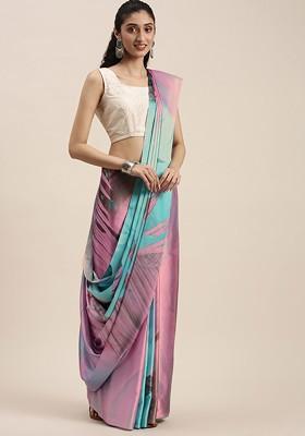 Pink Solid Satin Saree Set