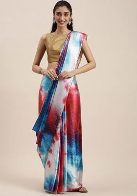 Blue Solid Satin Saree Set