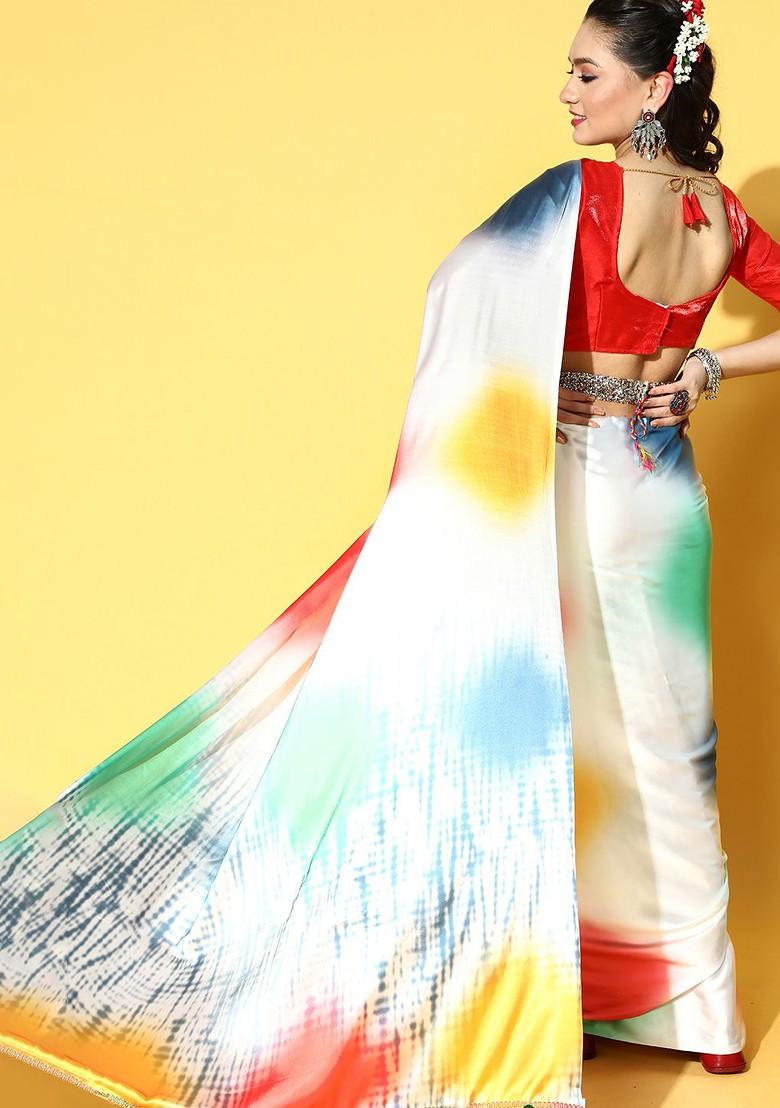 Multicolor Tie And Dye Satin Saree Set
