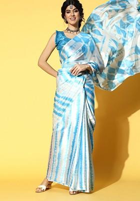 Blue Tie And Dye Satin Saree Set