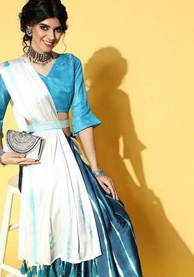 Cream Tie And Dye Satin Saree Set