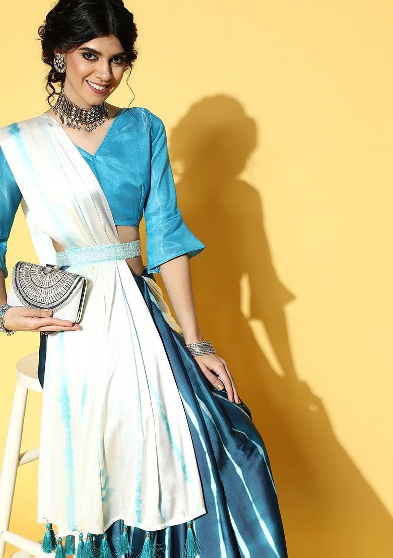 Cream Tie And Dye Satin Saree Set