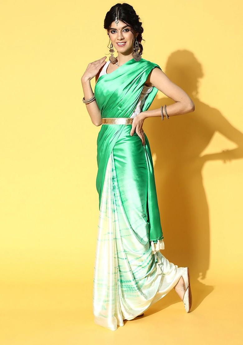 Green Tie And Dye Satin Saree Set