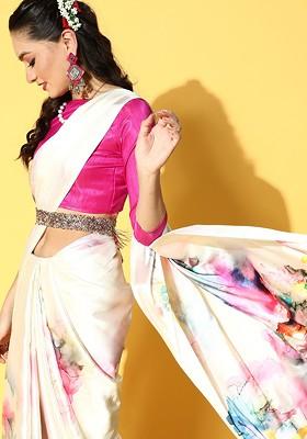 Cream Tie And Dye Satin Saree Set