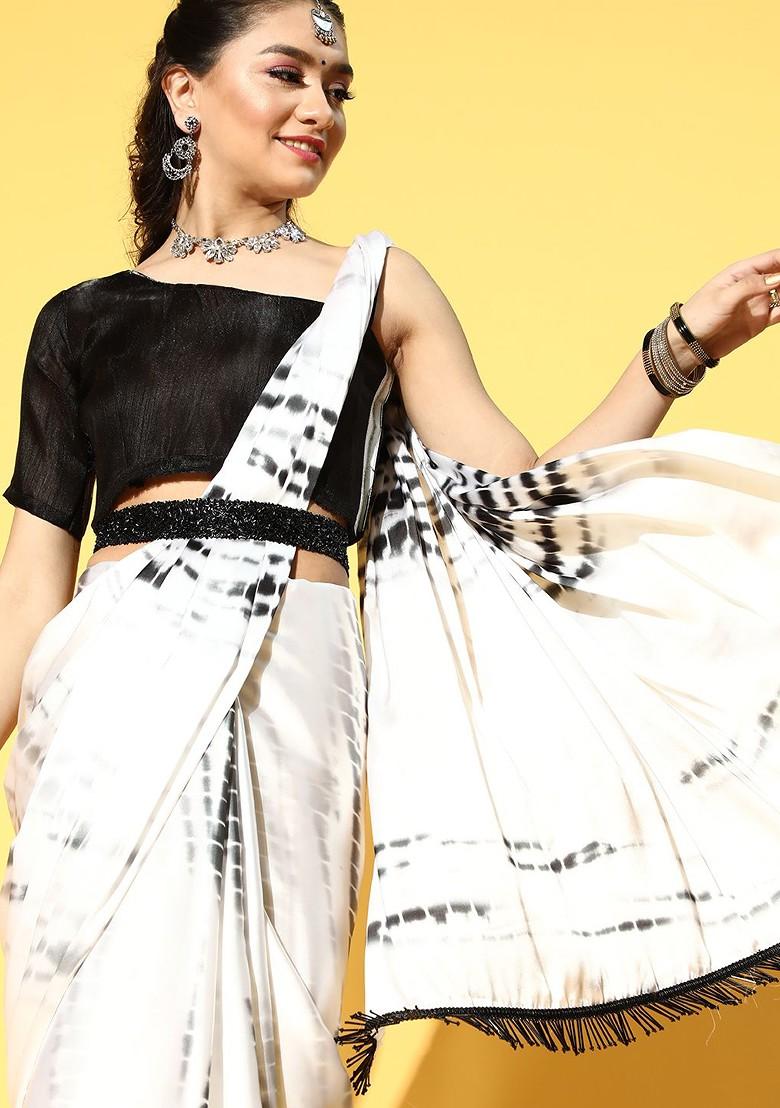 White Tie And Dye Satin Saree Set
